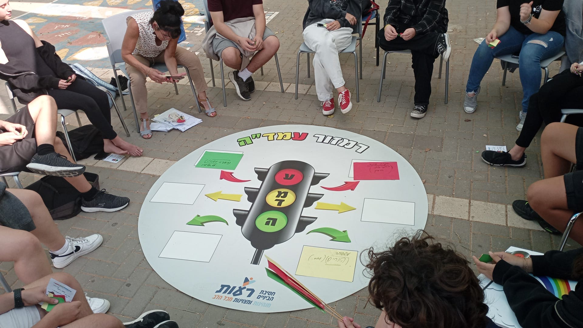 פעילות קבוצתית סביב מודל הרמזור בחצר בית הספר